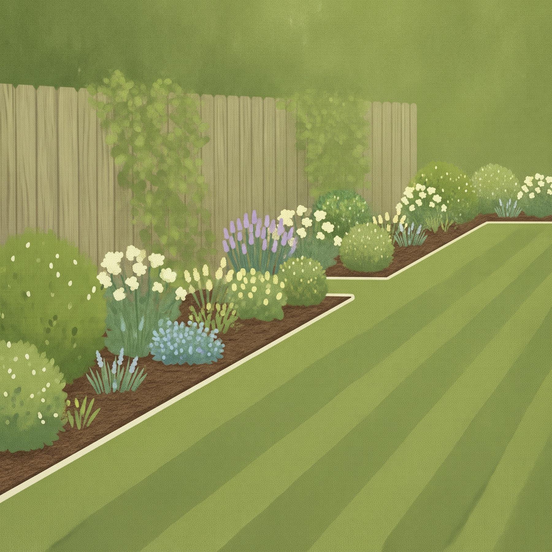 Illustration of weeded flower borders with neat edges beside a striped lawn