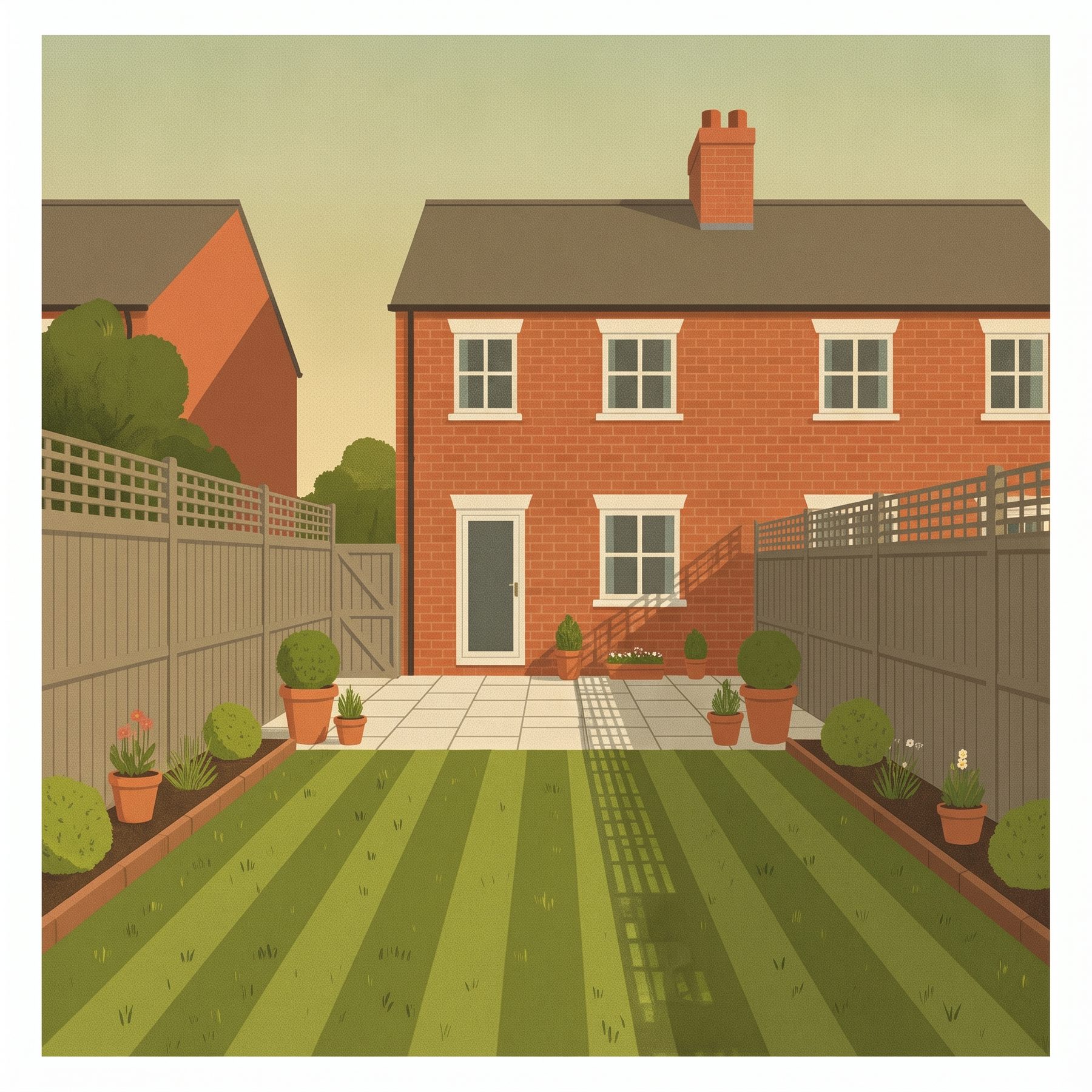 Illustration of a striped lawn leading to a tidy patio behind a red-brick terrace house