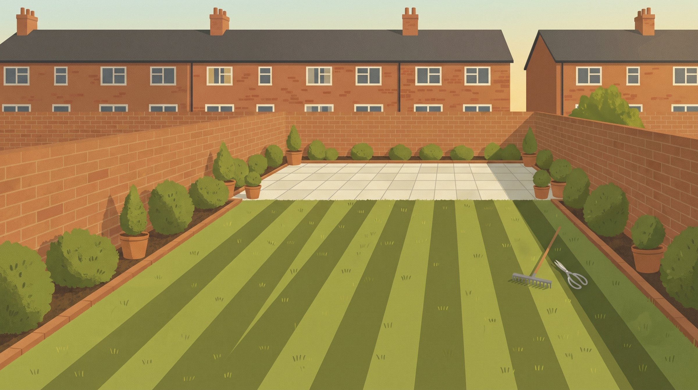 Illustration of a freshly cut striped lawn and clean paving patio in a Norwich terrace garden, with a rake and shears on the grass