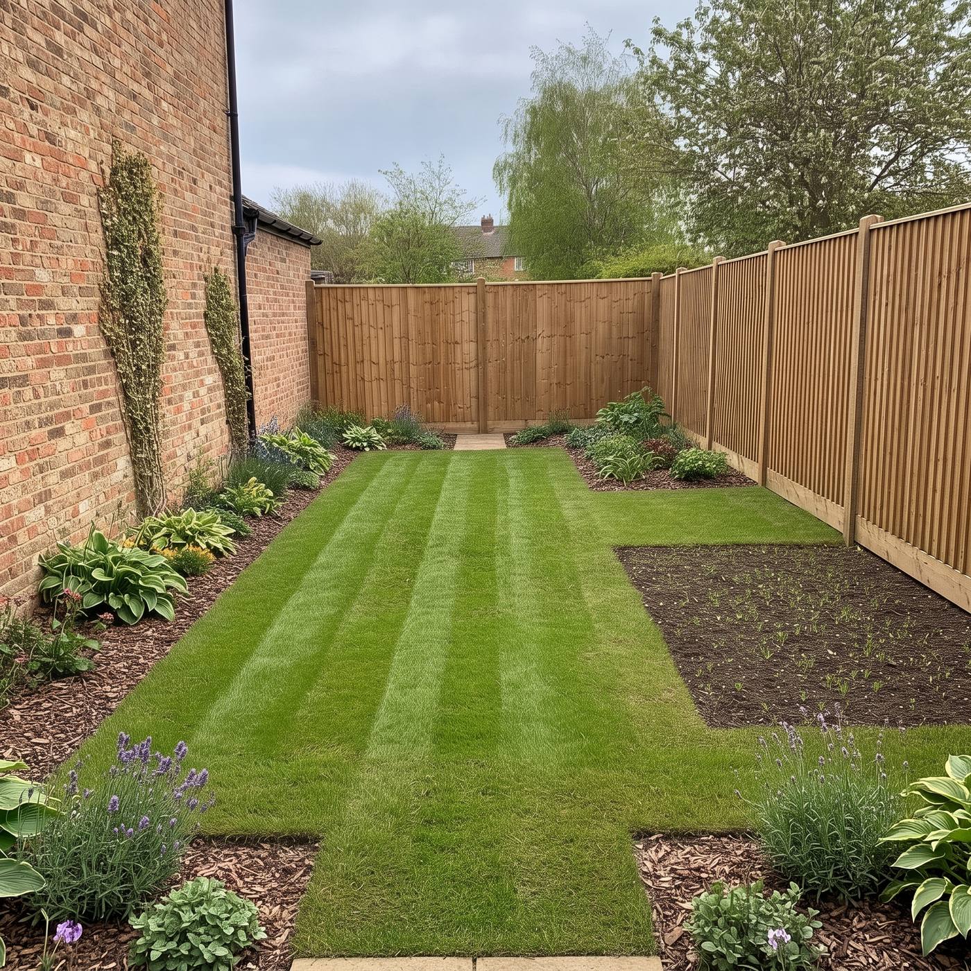 A mown lawn with neat edges and a patch of newly seeded ground (illustrative image, not a customer job)