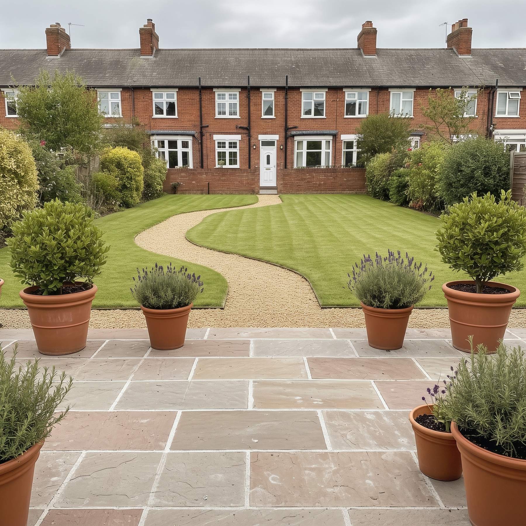 A clean paving patio with clear joints and potted shrubs (illustrative image, not a customer job)