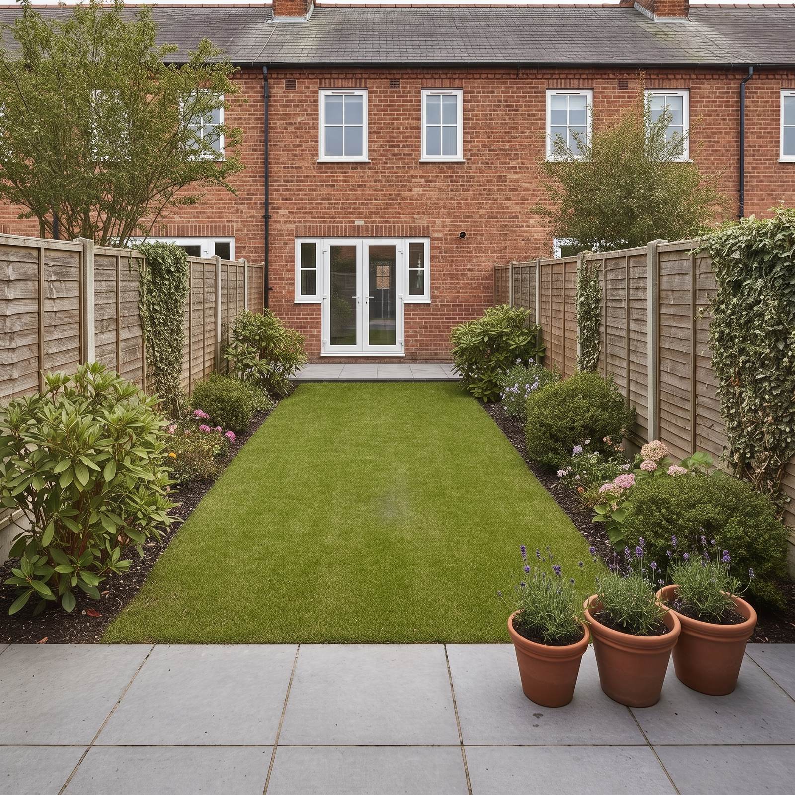 A tidy back garden behind a red-brick terrace, with a cut lawn, patio and weeded borders (illustrative image, not a customer job)